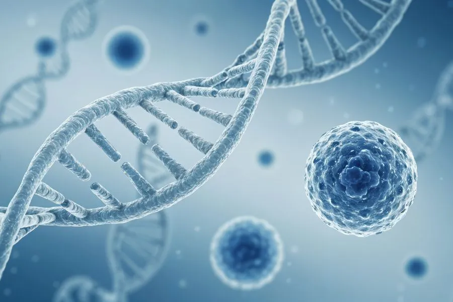 A DNA stand next to a cell.